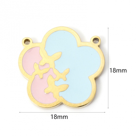 Picture of 2 PCs Vacuum Plating 304 Stainless Steel Charms 18K Gold Plated Blue & Pink Flower Enamel 18mm x 18mm