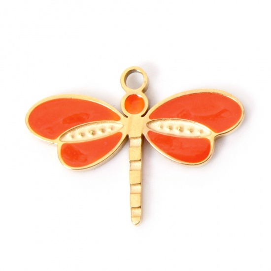 Picture of 2 PCs Vacuum Plating 304 Stainless Steel Insect Charms 18K Gold Plated Orange Dragonfly Animal Enamel 16mm x 11.5mm