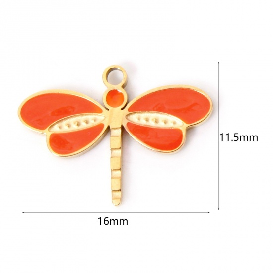 Picture of 2 PCs Vacuum Plating 304 Stainless Steel Insect Charms 18K Gold Plated Orange Dragonfly Animal Enamel 16mm x 11.5mm