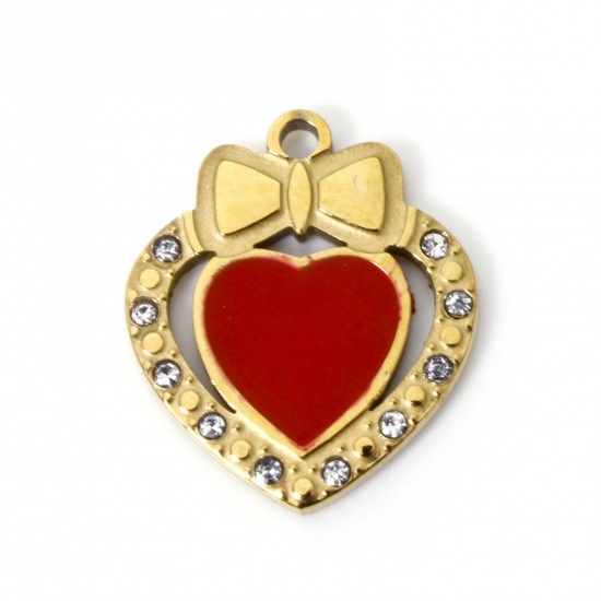 Picture of 2 PCs Vacuum Plating 304 Stainless Steel Valentine's Day Charms 18K Gold Plated Red Heart Bowknot Enamel Clear Rhinestone 17mm x 15mm