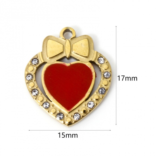 Picture of 2 PCs Vacuum Plating 304 Stainless Steel Valentine's Day Charms 18K Gold Plated Red Heart Bowknot Enamel Clear Rhinestone 17mm x 15mm