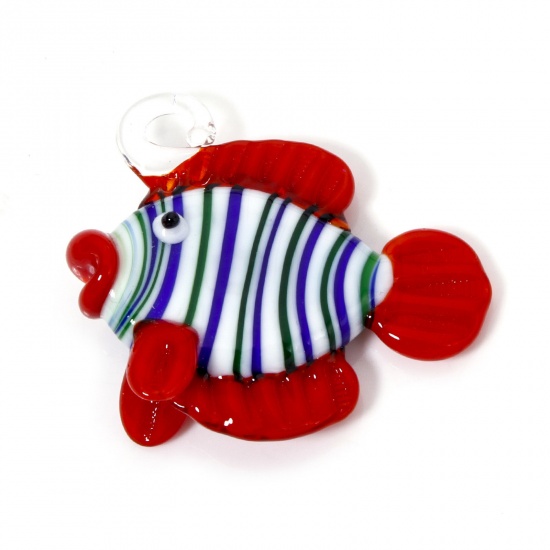 Immagine di 1 Pz Lampwork Vetro Lampwork Charm Gioielli Oceanici Ciondoli Pendenti Pesce Striscia Disegno 3D 5cm x 4cm