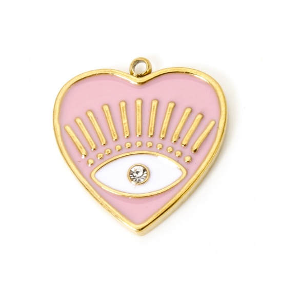 Bild von 1 Stück Umweltfreundliche PVD-Vakuumbeschichtung 304 Edelstahl Religiös Charmes Herz 18K Echtgold plattiert Rosa Auge der Vorsehung/ Allsehendes Auge Emaille Transparent Strass 19.5mm x 18mm