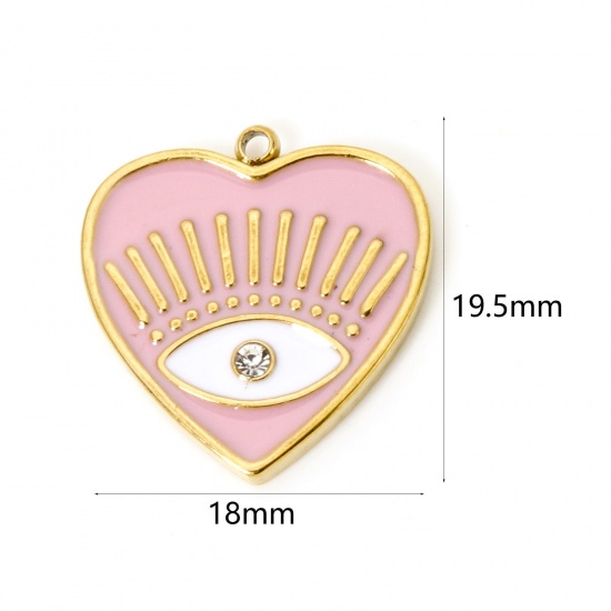 Bild von 1 Stück Umweltfreundliche PVD-Vakuumbeschichtung 304 Edelstahl Religiös Charmes Herz 18K Echtgold plattiert Rosa Auge der Vorsehung/ Allsehendes Auge Emaille Transparent Strass 19.5mm x 18mm