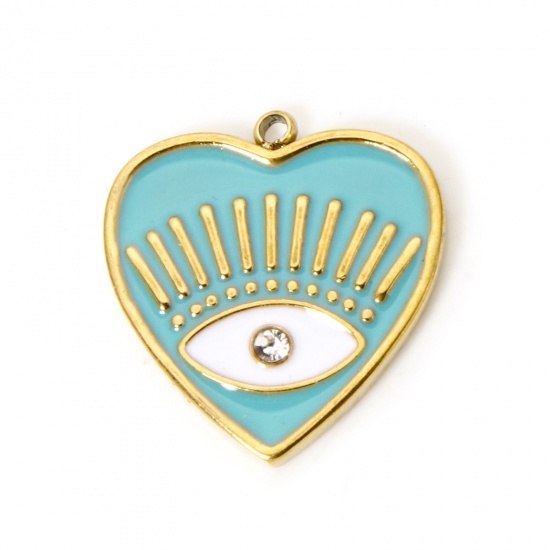 Bild von 1 Stück Umweltfreundliche PVD-Vakuumbeschichtung 304 Edelstahl Religiös Charmes Herz 18K Echtgold plattiert Cyan Auge der Vorsehung/ Allsehendes Auge Emaille Transparent Strass 19.5mm x 18mm