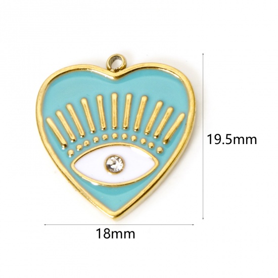 Bild von 1 Stück Umweltfreundliche PVD-Vakuumbeschichtung 304 Edelstahl Religiös Charmes Herz 18K Echtgold plattiert Cyan Auge der Vorsehung/ Allsehendes Auge Emaille Transparent Strass 19.5mm x 18mm