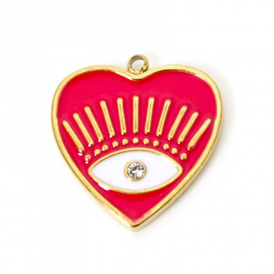 Bild von 1 Stück Umweltfreundliche PVD-Vakuumbeschichtung 304 Edelstahl Religiös Charmes Herz 18K Echtgold plattiert Fuchsie Auge der Vorsehung/ Allsehendes Auge Emaille Transparent Strass 19.5mm x 18mm