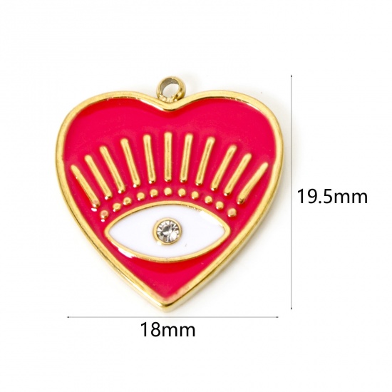 Bild von 1 Stück Umweltfreundliche PVD-Vakuumbeschichtung 304 Edelstahl Religiös Charmes Herz 18K Echtgold plattiert Fuchsie Auge der Vorsehung/ Allsehendes Auge Emaille Transparent Strass 19.5mm x 18mm