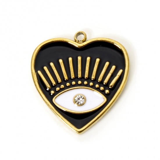 Bild von 1 Stück Umweltfreundliche PVD-Vakuumbeschichtung 304 Edelstahl Religiös Charmes Herz 18K Echtgold plattiert Schwarz Auge der Vorsehung/ Allsehendes Auge Emaille Transparent Strass 19.5mm x 18mm