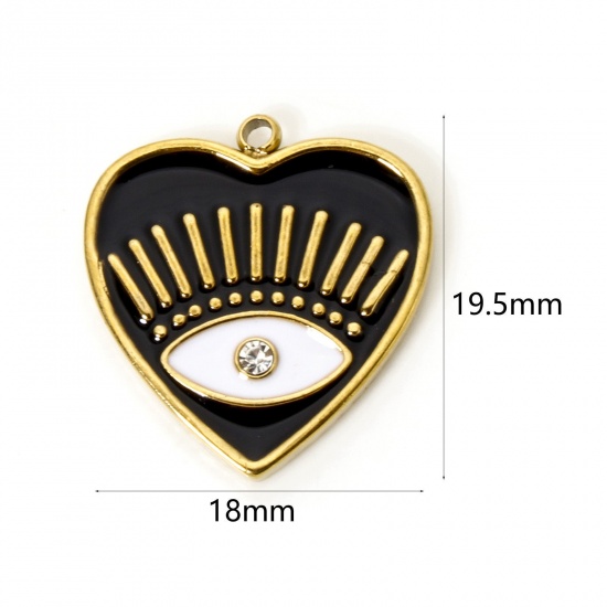 Bild von 1 Stück Umweltfreundliche PVD-Vakuumbeschichtung 304 Edelstahl Religiös Charmes Herz 18K Echtgold plattiert Schwarz Auge der Vorsehung/ Allsehendes Auge Emaille Transparent Strass 19.5mm x 18mm
