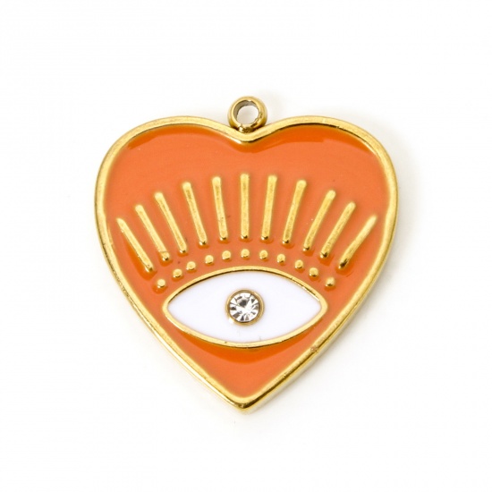 Bild von 1 Stück Umweltfreundliche PVD-Vakuumbeschichtung 304 Edelstahl Religiös Charmes Herz 18K Echtgold plattiert Orange Auge der Vorsehung/ Allsehendes Auge Emaille Transparent Strass 19.5mm x 18mm