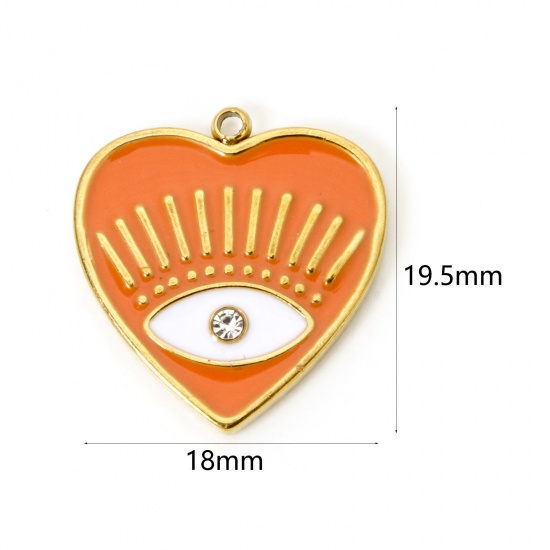 Bild von 1 Stück Umweltfreundliche PVD-Vakuumbeschichtung 304 Edelstahl Religiös Charmes Herz 18K Echtgold plattiert Orange Auge der Vorsehung/ Allsehendes Auge Emaille Transparent Strass 19.5mm x 18mm