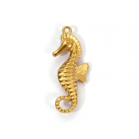 Picture of 1 Piece Eco-friendly PVD Vacuum Plating Waterproof Anti-Tarnish Hypoallergenic 304 Stainless Steel Ocean Jewelry Pendants 18K Real Gold Plated Seahorse Animal 3D 3cm x 1.1cm