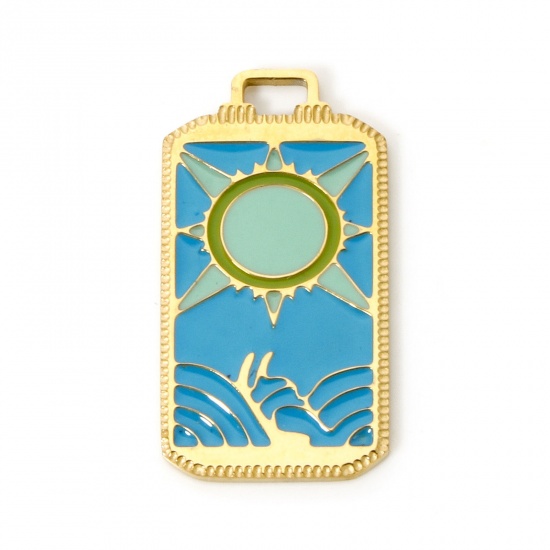 Immagine di 1 Pz Placcatura Sottovuoto Ecologica 304 Acciaio Inossidabile Tarocchi Ciondoli Rettangolo 18K Vero Oro Placcato Sole Smalto 25.5mm x 14mm