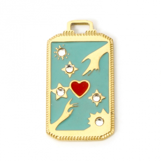 Immagine di 1 Pz Placcatura Sottovuoto Ecologica 304 Acciaio Inossidabile Tarocchi Ciondoli Rettangolo 18K Vero Oro Placcato Cuore Smalto 25.5mm x 14mm