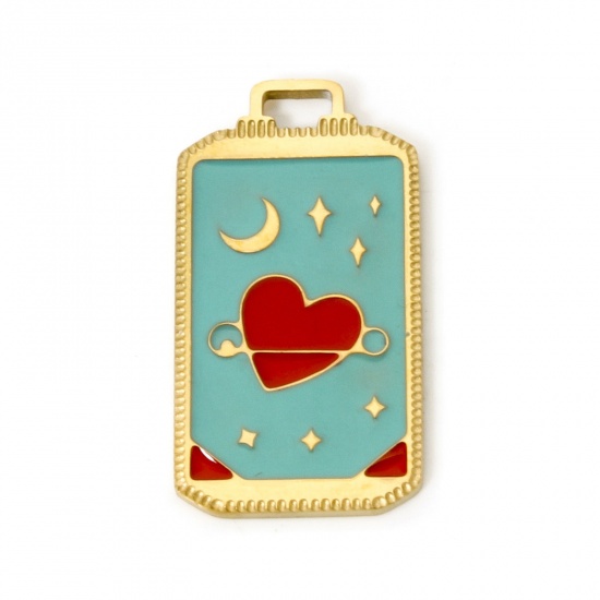 Immagine di 1 Pz Placcatura Sottovuoto Ecologica 304 Acciaio Inossidabile Tarocchi Ciondoli Rettangolo 18K Vero Oro Placcato Cuore Smalto 25.5mm x 14mm