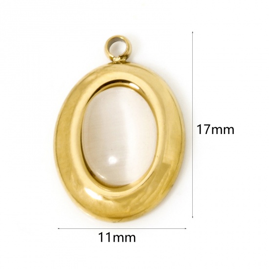 Picture of 1 Piece Eco-friendly Vacuum Plating 304 Stainless Steel Charms 18K Real Gold Plated Creamy-White Oval With Synthetic Gemstone Cabochons 17mm x 11mm