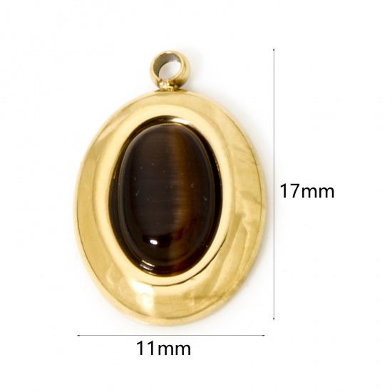 Picture of 1 Piece Eco-friendly Vacuum Plating 304 Stainless Steel Charms 18K Real Gold Plated Coffee Oval With Synthetic Gemstone Cabochons 17mm x 11mm