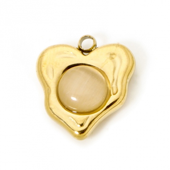 Immagine di 1 Pz Placcatura Sottovuoto Ecologica 304 Acciaio Inossidabile Ciondoli Cuore 18K Vero Oro Placcato Beige Con Cabochon di Gemma Sintetica 14mm x 13mm