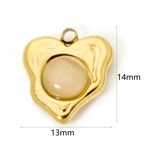 Immagine di 1 Pz Placcatura Sottovuoto Ecologica 304 Acciaio Inossidabile Ciondoli Cuore 18K Vero Oro Placcato Beige Con Cabochon di Gemma Sintetica 14mm x 13mm