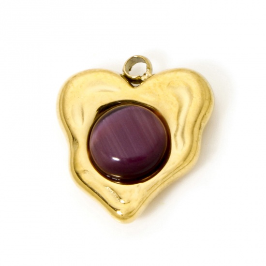 Immagine di 1 Pz Placcatura Sottovuoto Ecologica 304 Acciaio Inossidabile Ciondoli Cuore 18K Vero Oro Placcato Viola Scuro Con Cabochon di Gemma Sintetica 14mm x 13mm