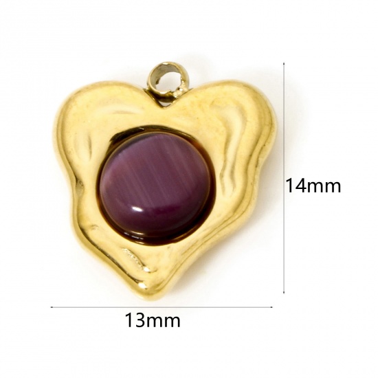 Immagine di 1 Pz Placcatura Sottovuoto Ecologica 304 Acciaio Inossidabile Ciondoli Cuore 18K Vero Oro Placcato Viola Scuro Con Cabochon di Gemma Sintetica 14mm x 13mm