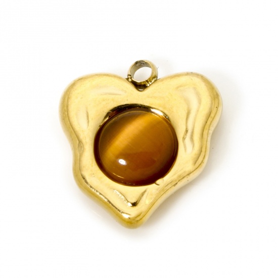 Immagine di 1 Pz Placcatura Sottovuoto Ecologica 304 Acciaio Inossidabile Ciondoli Cuore 18K Vero Oro Placcato Colore del Caffè Con Cabochon di Gemma Sintetica 14mm x 13mm