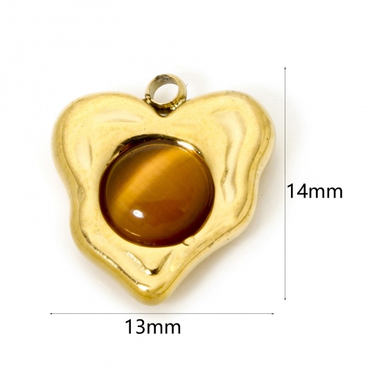 Immagine di 1 Pz Placcatura Sottovuoto Ecologica 304 Acciaio Inossidabile Ciondoli Cuore 18K Vero Oro Placcato Colore del Caffè Con Cabochon di Gemma Sintetica 14mm x 13mm