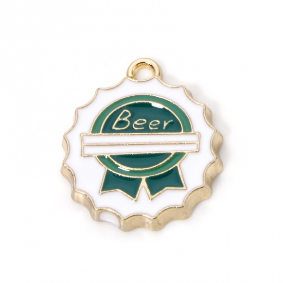 10 個 亜鉛合金 チャーム 金メッキ 緑 キャップ 文字「 BEER」 エナメル 20mm x 17.5mm、 の画像