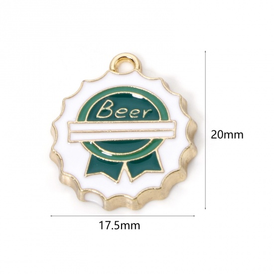 10 個 亜鉛合金 チャーム 金メッキ 緑 キャップ 文字「 BEER」 エナメル 20mm x 17.5mm、 の画像