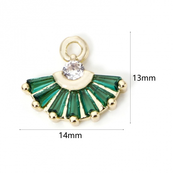 Immagine di 2 Pz Ottone & Vetro Ciondoli A Forma di Ventagli Placcato Oro 18K Verde Trasparente Strass 14mm x 13mm