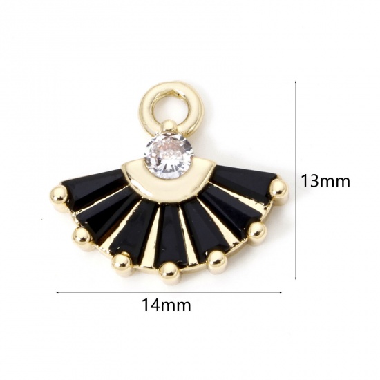 Immagine di 2 Pz Ottone & Vetro Ciondoli A Forma di Ventagli Placcato Oro 18K Nero Trasparente Strass 14mm x 13mm