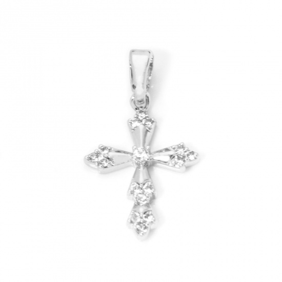 Picture of 2 PCs Brass Religious Charm Pendant Platinum Plated Cross Clear Cubic Zirconia 23mm x 13mm