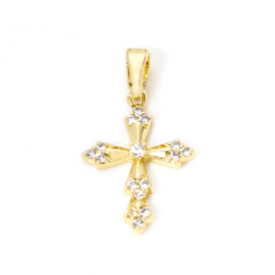 Picture of 2 PCs Brass Religious Charm Pendant 18K Gold Plated Cross Clear Cubic Zirconia 23mm x 13mm