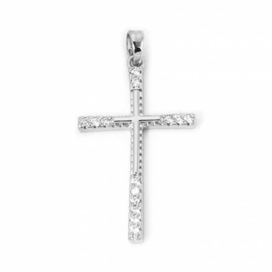 Picture of 2 PCs Brass Religious Pendants Platinum Plated Cross Micro Pave Clear Cubic Zirconia 3.9cm x 2cm