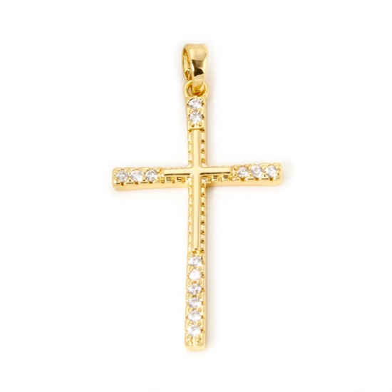 Picture of 2 PCs Brass Religious Pendants 18K Gold Plated Cross Micro Pave Clear Cubic Zirconia 3.9cm x 2cm