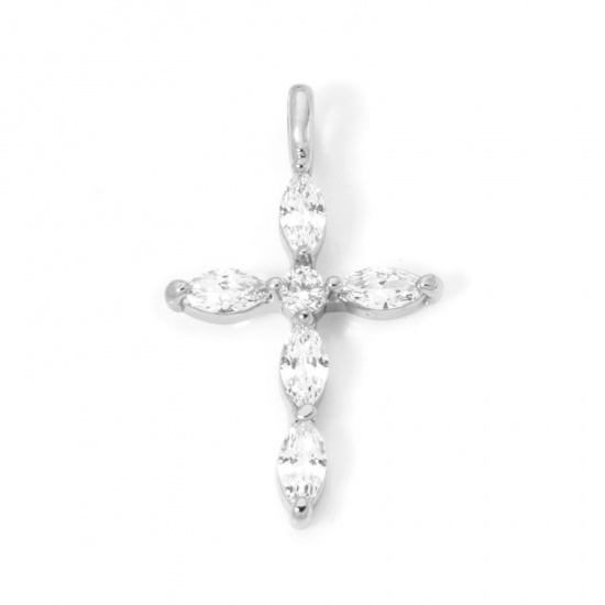 Picture of 2 PCs Brass Religious Charms Platinum Plated Cross Clear Cubic Zirconia 29.5mm x 17.5mm