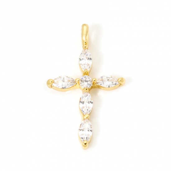 Picture of 2 PCs Brass Religious Charms 18K Gold Plated Cross Clear Cubic Zirconia 29.5mm x 17.5mm