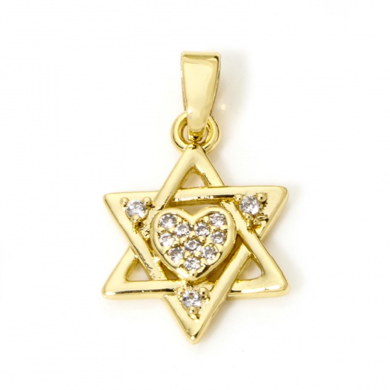 Imagen de 2 Unidades Respetuoso del Medio Ambiente Latón Religión Colgantes Charms 18K Oro Real Chapado Estrella de David Hexagrama Corazón Micro Pave Claro Circón Artificial 21mm x 12mm
