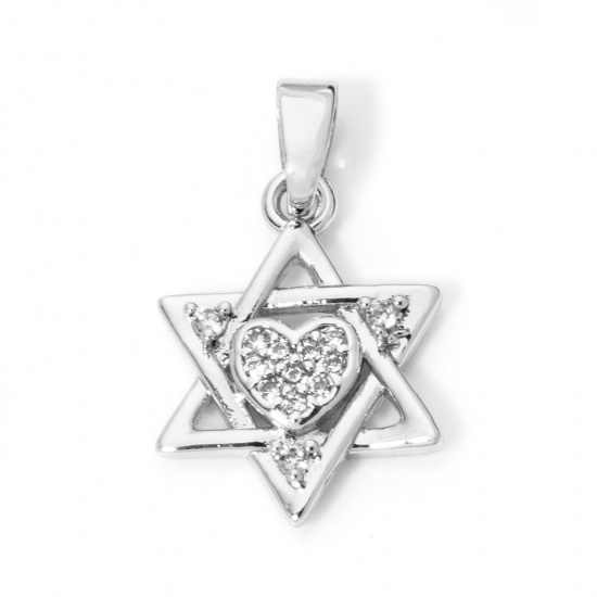 Imagen de 2 Unidades Latón Religión Colgantes Charms Platino Real Chapado Estrella de David Hexagrama Micro Pave Claro Circón Artificial 21mm x 12mm