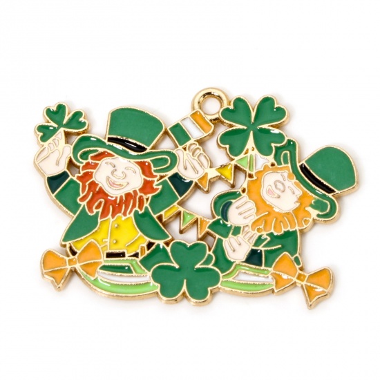 Imagen de 10 Unidades Zamak Día de San Patricio Colgantes Chapado en Oro Multicolor Trébol de cuatro hojas Esmalte 3.5cm x 2.5cm