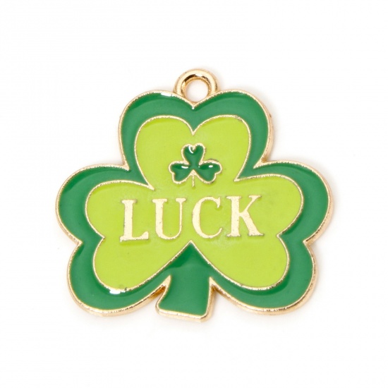 Imagen de 10 Unidades Zamak Día de San Patricio Colgantes Chapado en Oro Multicolor Trébol Mensaje " LUCK " Esmalte 25mm x 24mm