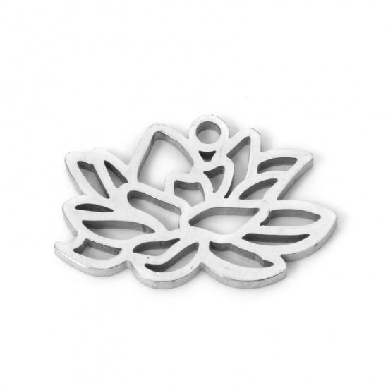 Imagen de 2 Unidades 304 Acero Inoxidable Flor del Mes de Nacimiento Colgantes Julio Tono de Plata Flor de Loto Hueco 14mm x 10mm