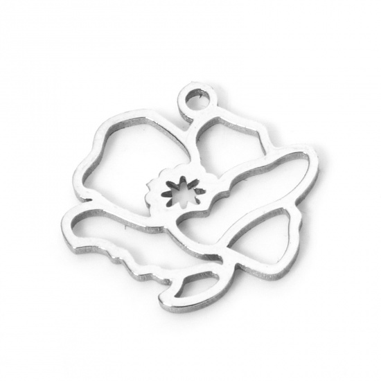 Imagen de 2 Unidades 304 Acero Inoxidable Flor del Mes de Nacimiento Colgantes Agosto Tono de Plata Amapola Hueco 13mm x 13mm