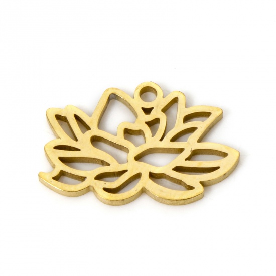 Picture of 2 PCs 304 Stainless Steel Birth Month Flower Charms Gold Plated July Lotus Flower Hollow 14mm x 10mm