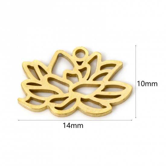 Picture of 2 PCs 304 Stainless Steel Birth Month Flower Charms Gold Plated July Lotus Flower Hollow 14mm x 10mm