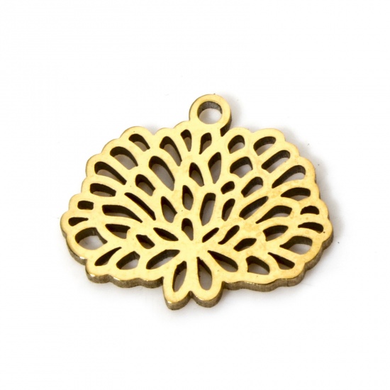 Picture of 2 PCs 304 Stainless Steel Birth Month Flower Charms Gold Plated November Chrysanthemum Flower Hollow 14mm x 12mm