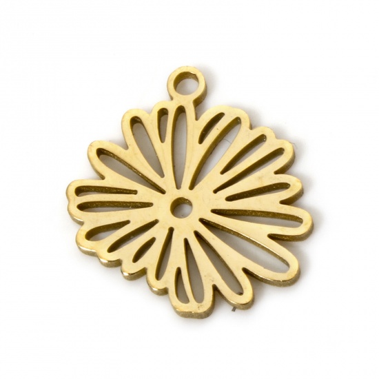 Picture of 2 PCs 304 Stainless Steel Birth Month Flower Charms Gold Plated September Asters Flower Hollow 14mm x 13mm