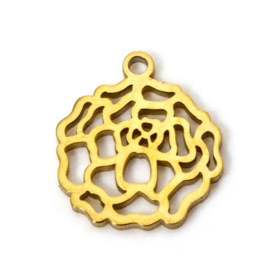 Picture of 2 PCs 304 Stainless Steel Birth Month Flower Charms Gold Plated October Marigold Flower Hollow 12mm x 11mm