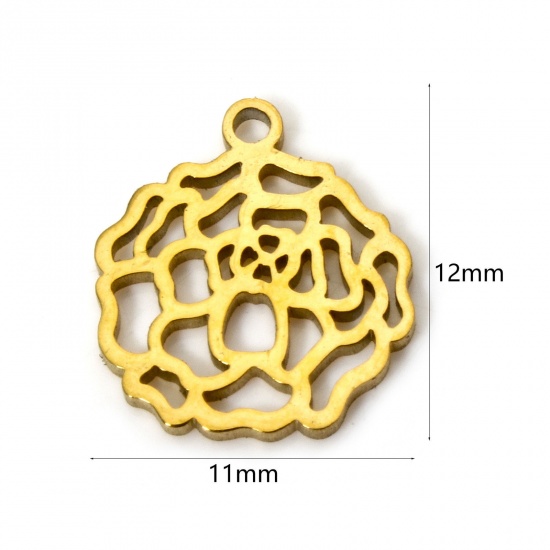 Picture of 2 PCs 304 Stainless Steel Birth Month Flower Charms Gold Plated October Marigold Flower Hollow 12mm x 11mm